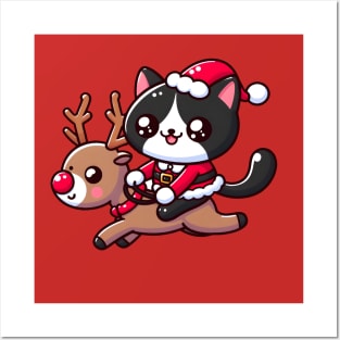 Tuxedo cat in santa costume, riding a reindeer Posters and Art